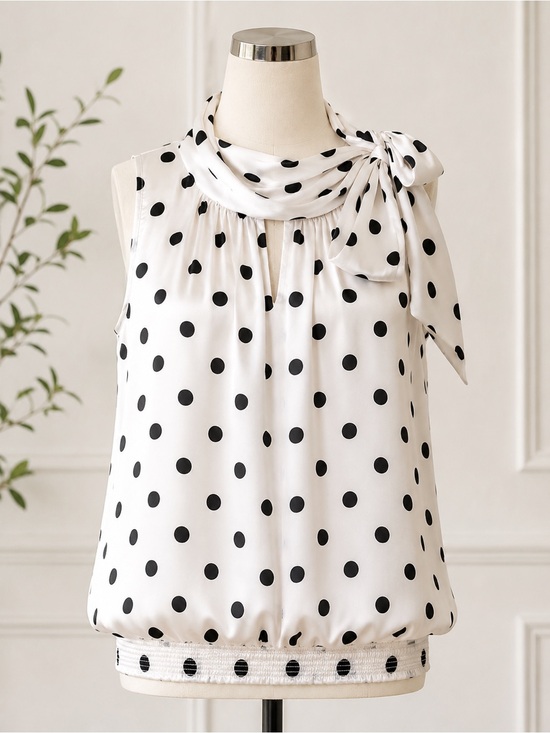 White House Black Market Tops - White House Black Market White Sleeveless Polka Dot Tie-Neck Blouse